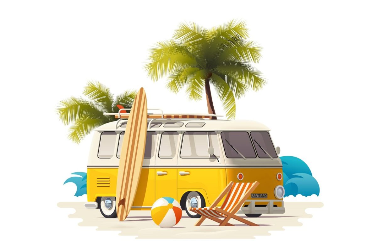 经典海滩冲浪插画 Vector realistic vintage surfer van