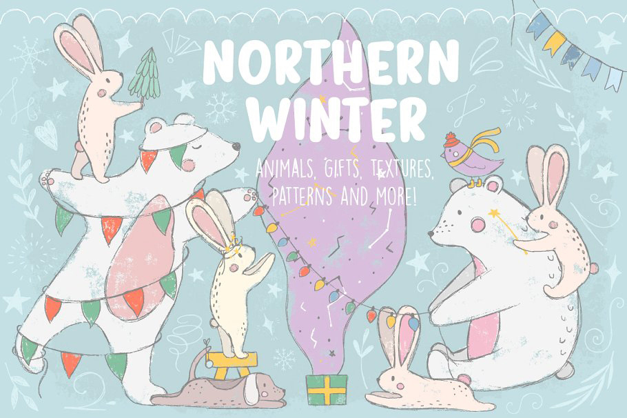 矢量 | 180个北方冬季可爱小动物梦幻笔触主题设计元素合集