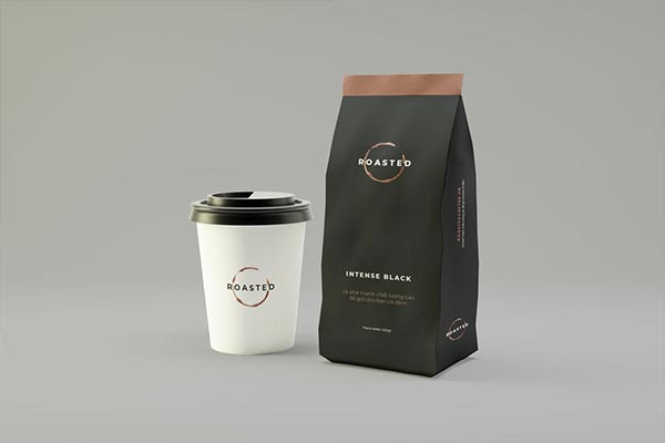 高端时尚逼真的咖啡杯和小袋包装设计VI样机展示模型mockups
