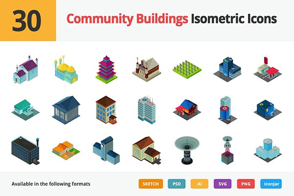 时尚高端3D立体2.5D等轴等距社区城市建筑物图标ICON集合