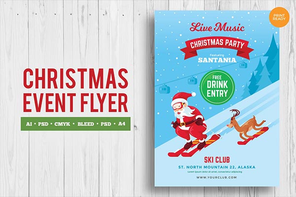 时尚简约好用的圣诞节新年圣诞老人滑雪海报宣传单DM设计模板