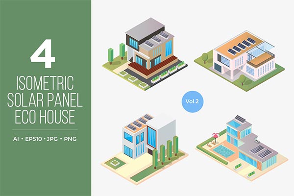 时尚简约流行的2.5D等轴等距太阳能电池板生态房子海报banner插画设计元素-2