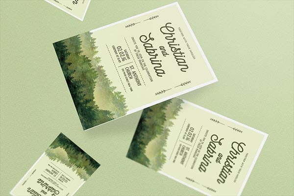 时尚简约优雅多用途的水彩森林婚礼邀请函海报宣传单DM设计模板