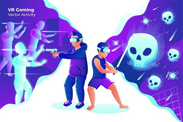 时尚渐变配色的VR游戏海报banner着落页插画设计模板