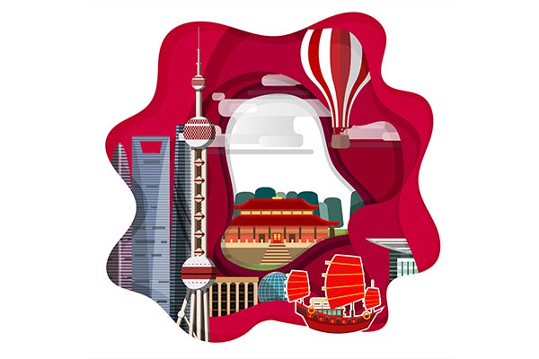 时尚简约扁平化风格的中国风中国标志性城市建筑