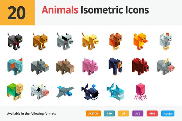 20个可爱的时尚高端3D立体2.5D等轴等距动物矢量图标icon