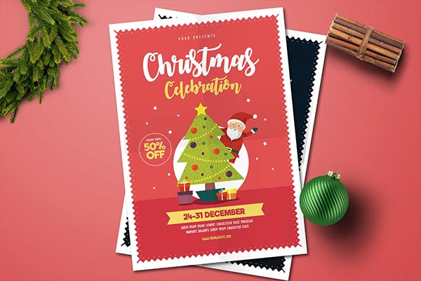 时尚高端简约可爱扁平化风格的新年圣诞节庆祝活动DM传单海报设计模板