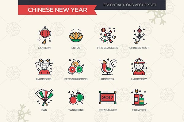中国风风格的新年春节元素icon图标集合