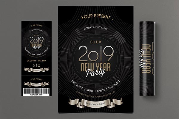 时尚高端2019年新年盛大街倒计时party派对黑金质感海报宣传单DM设计模板