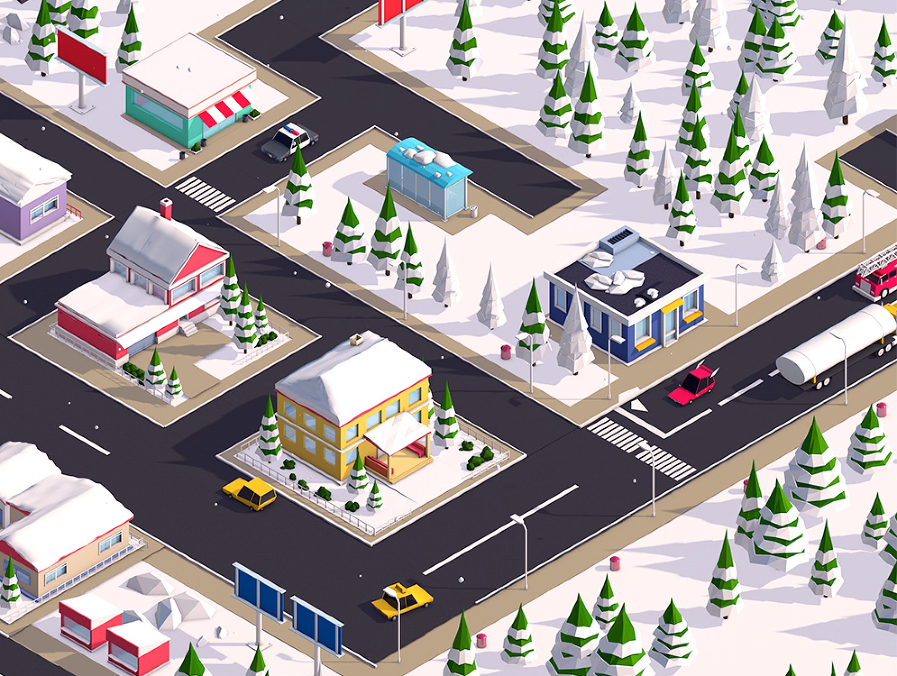 低多边形（Low Poly）冬季圣诞节新年场景的小镇城市大场景C4D素材下载[C4D,3ds,fbx,mtl,obj]