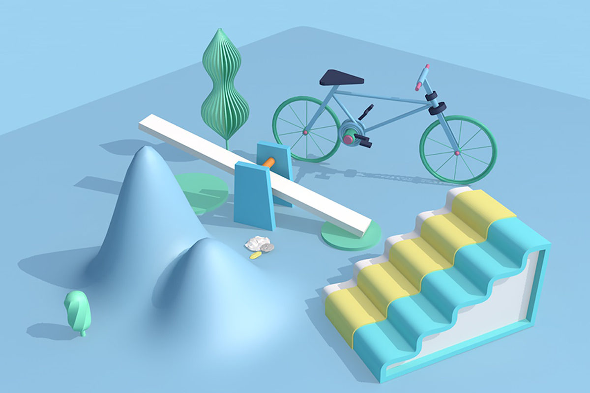C4D 卡通风格 轻拟物游乐园场景  自行车滑板 自带渲染器渲染