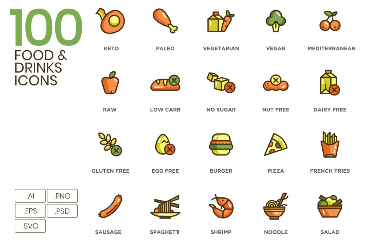 图标 | 100个食物和饮料生态系列餐饮食品行业矢量元素