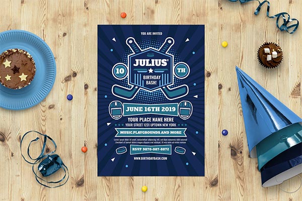 时尚清新简约扁平化风格的曲棍球运动儿童节生日派对party海报宣传单DM设计模板