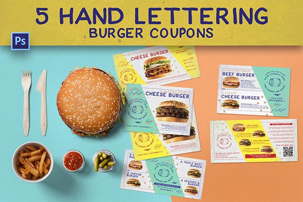 时尚高端手绘手写字体风格的美式汉堡优惠券折扣券入场券设计模板