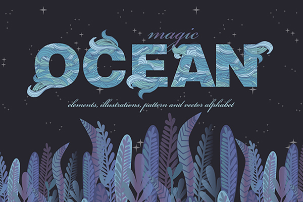 矢量 | 创意海洋动物植物主题英文字体设计母鲸鱼水母背景装饰素材