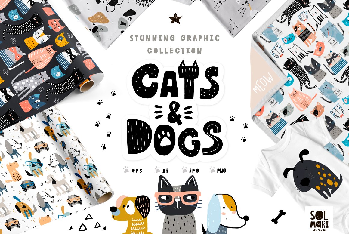 可爱的猫和狗卡通图形与图案素材合集 [Ai]