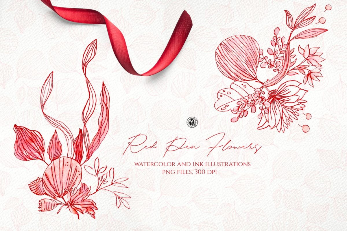 平面图形 | 红色花卉水彩水墨手绘插画PGN文件