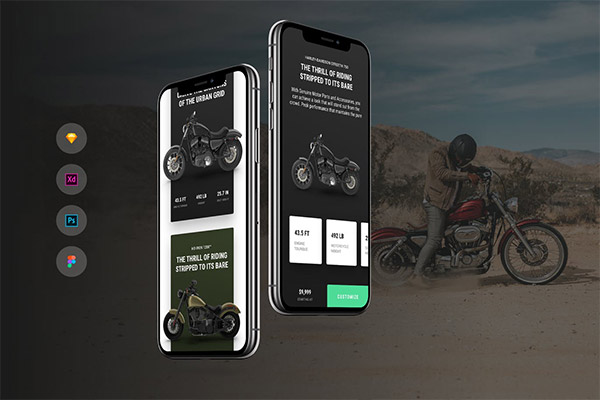 时尚高端摩托车商店iOS和Android APP UI KITS设计模板