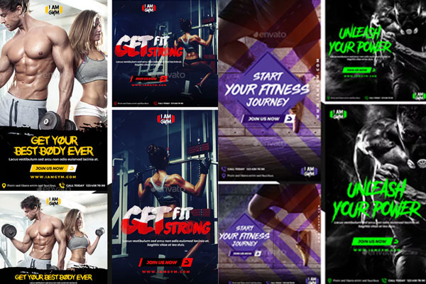 健身房社交媒体广告横幅-Instagram帖子和故事