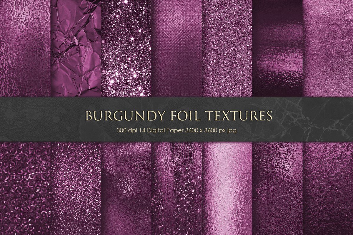 紫红色金属箔和闪光背景纹理Burgundy Foil and Glitter Textures