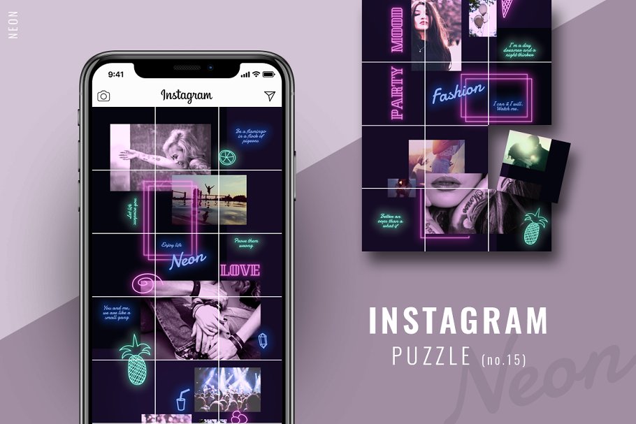 霓虹灯时尚风格Instagram拼图社交网络模板