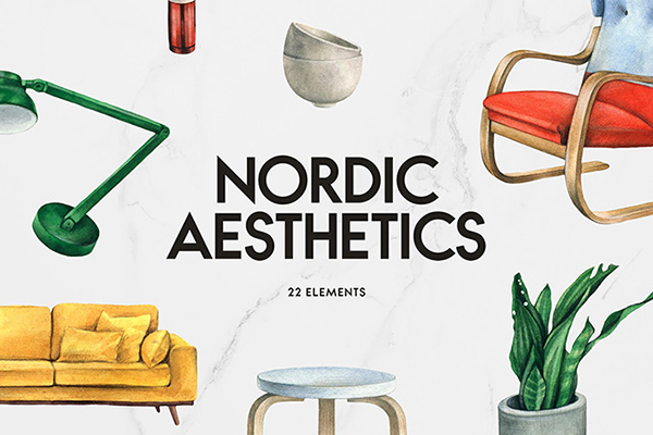 水彩 | 22个斯堪纳威亚手绘元素家具植物北欧设计风格
