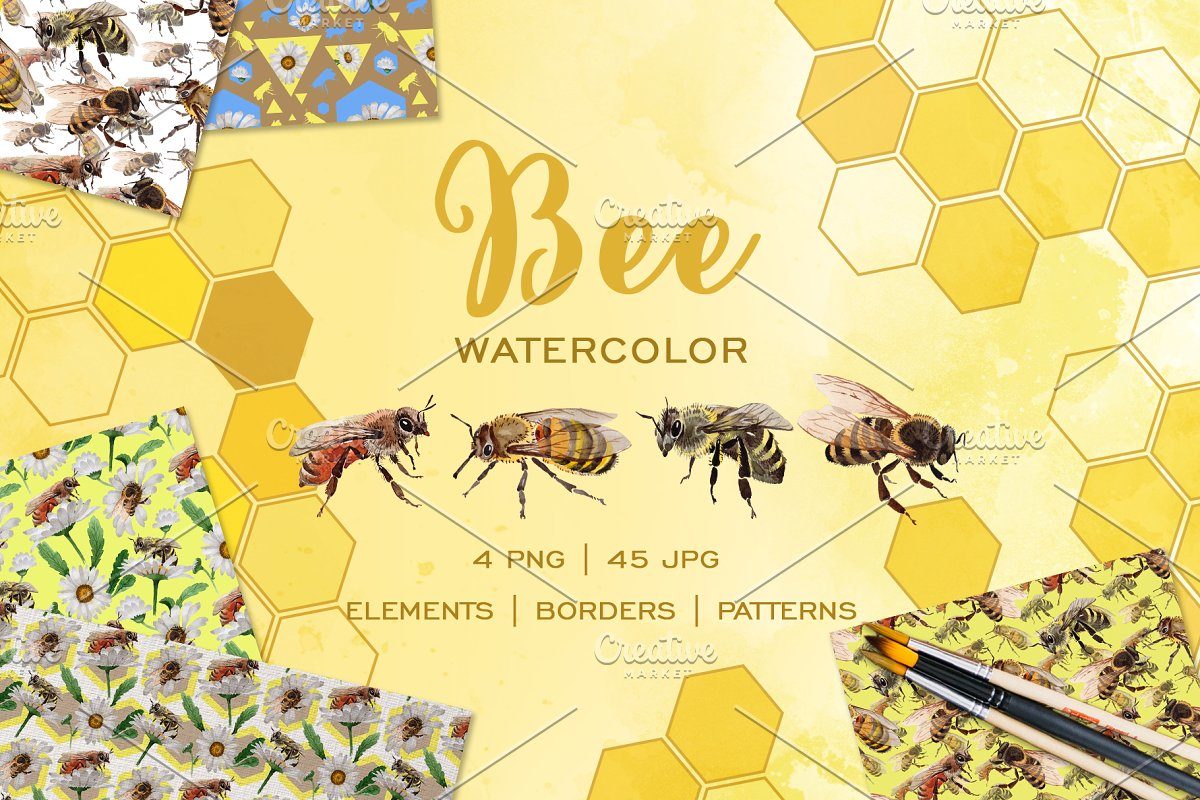 蜜蜂采集花蜜水彩元素剪贴画png