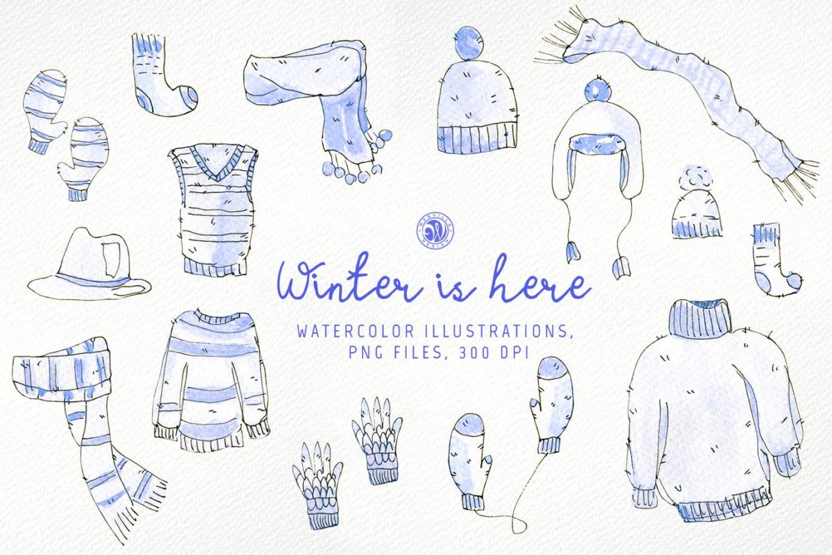 水彩 | 冬季保暖衣物围巾帽子手套毛衣水彩手绘元素无缝模式图案