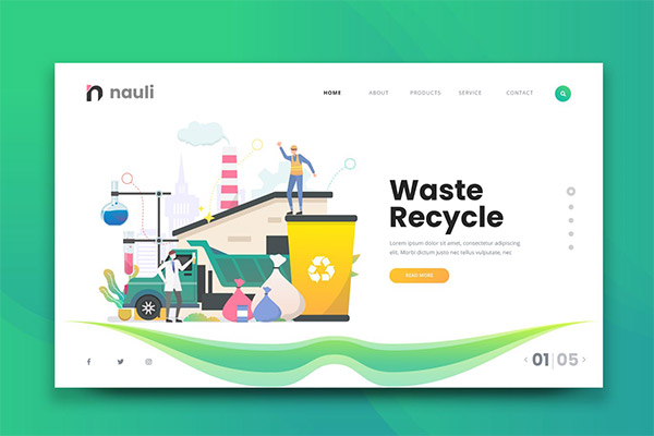 时尚高端多用途的扁平化废物回收垃圾回收站web着陆页banner插画海报设计模板