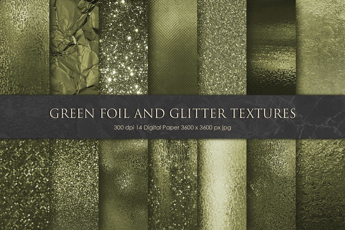 绿色金属箔和闪光背景纹理Green Foil and Glitter Textures