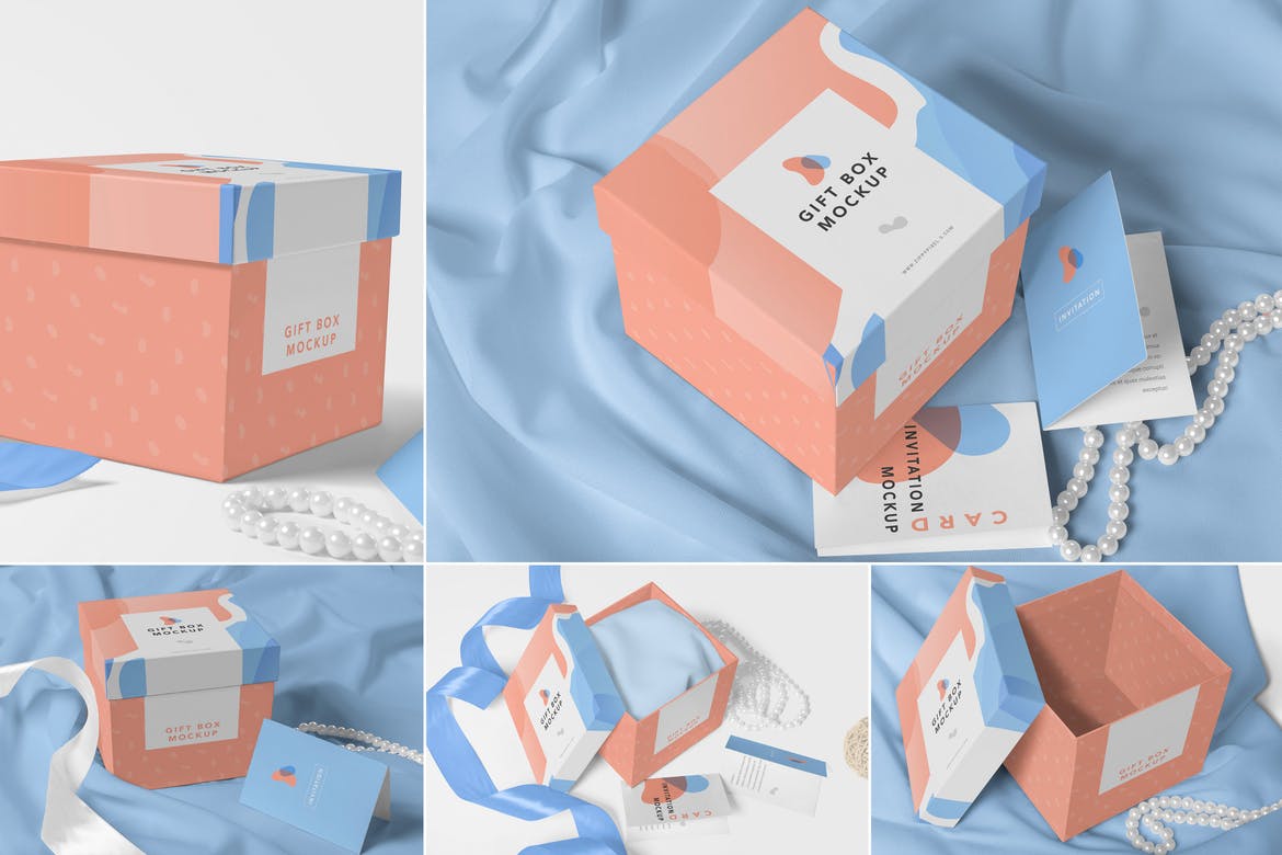 样机 | 蓝色橘色拼色华丽设计豪华礼品盒不同角度方形盒子
