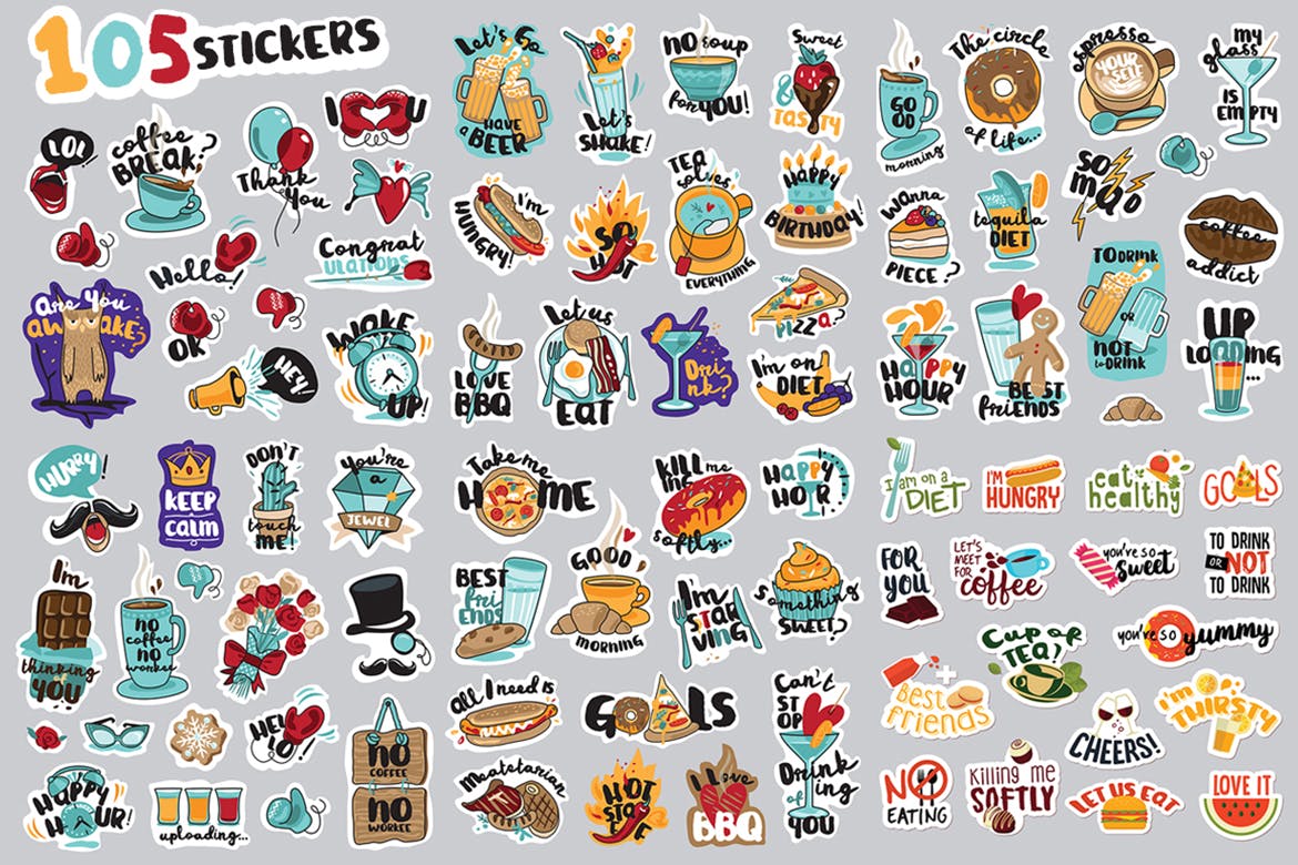 图标 | 105手写英文食物甜品饮品餐厅涂鸦贴纸元素icons