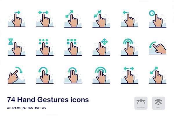 74个不同手势的详细填充大纲图标icon大集合