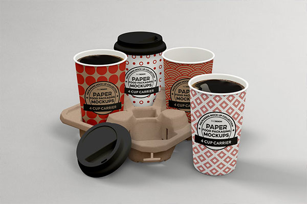 4杯咖啡纸杯外卖包装设计VI样机展示模型mockups