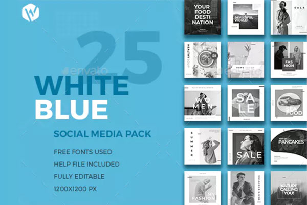 时尚Instagram蓝色&白色banner多用途社交媒体模板