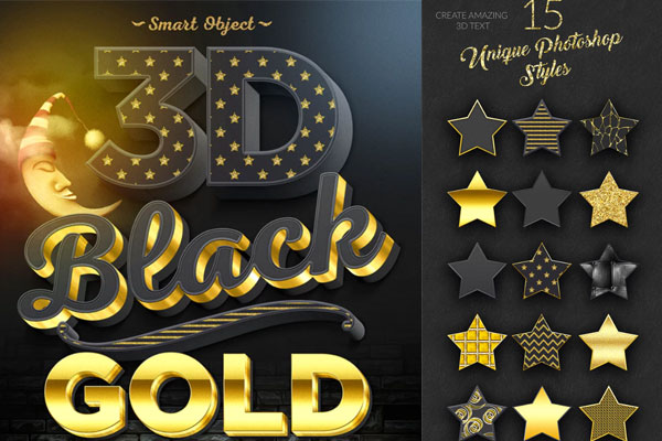 3D复古黑色&金色文字和徽标PS图层样式套装