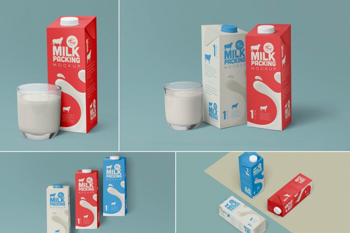 Mockups | 不同角度样式牛奶纸盒模型展示包装设计样机