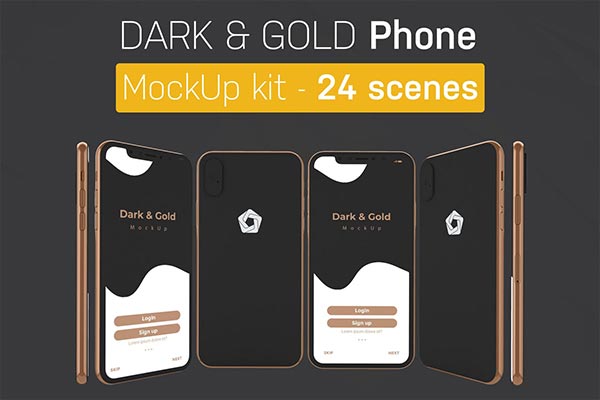 时尚高端简约少见稀有的黑金质感的iPhone APP UI样机展示模型mockups