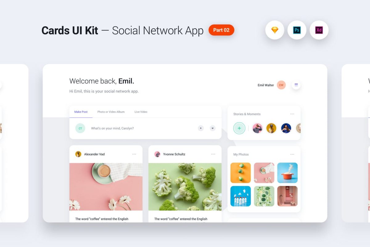 UI Kits | 时尚独特现代设计卡片工具包社交网络应用程序组件屏幕模板