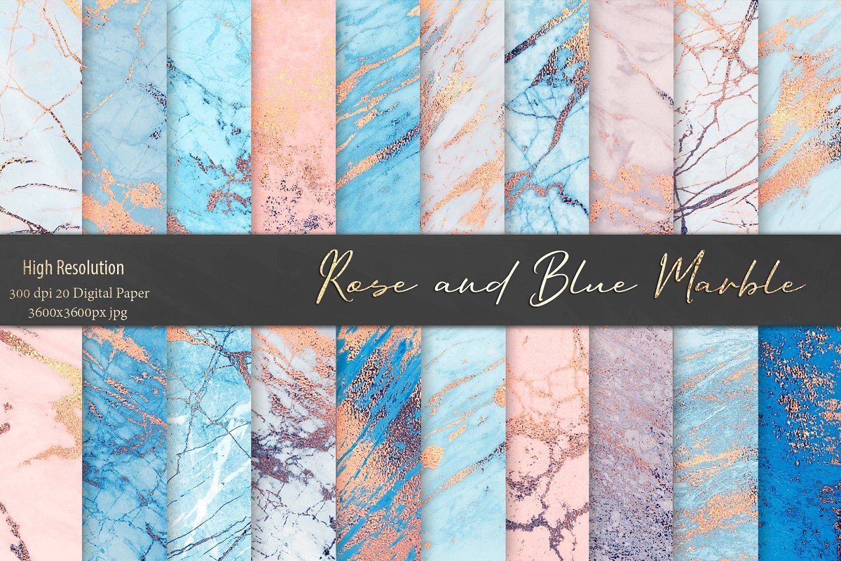 玫瑰&蓝色大理石纹理背景素材