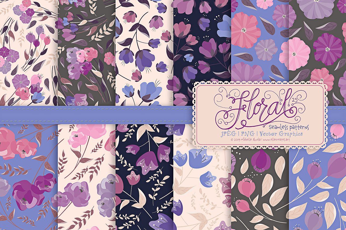 25个紫色植物水彩花卉无缝图案素材