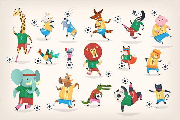简约时尚踢足球小动物吉祥物设计模板集合