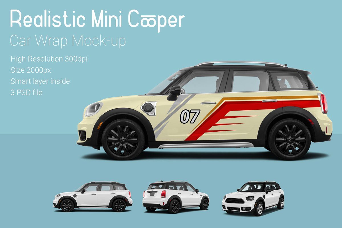 逼真的新款Mini Cooper汽车车贴设计展示模型样机下载[PSD]