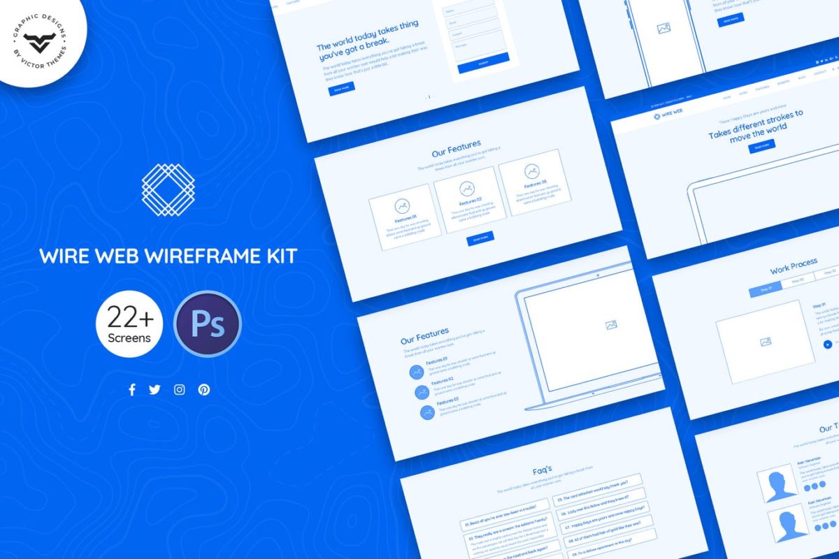 UI Kits | 蓝色22个独特屏幕时尚高端好用的专业wireframe网站线框图原型图