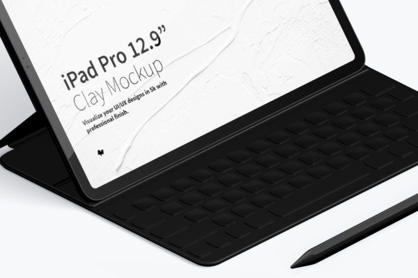 平板样机素材 Clay iPad Pro 12.9” Mockup, Isometric Left View With Keyboard
