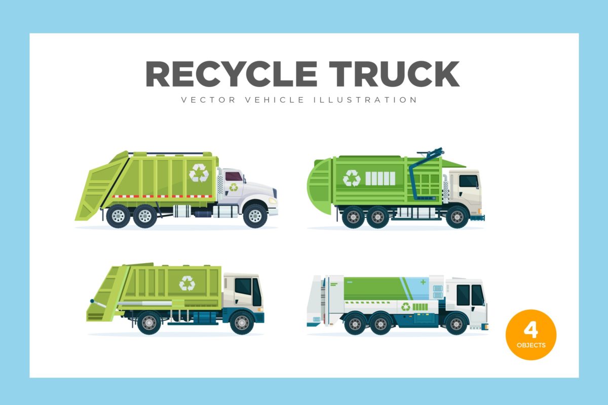 5款不同的绿色环保分类垃圾回收车辆下载[Ai,EPS]
