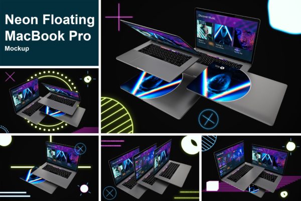 酷炫的霓虹灯效果场景的MacBook Pro电脑样机套装下载[PSD]