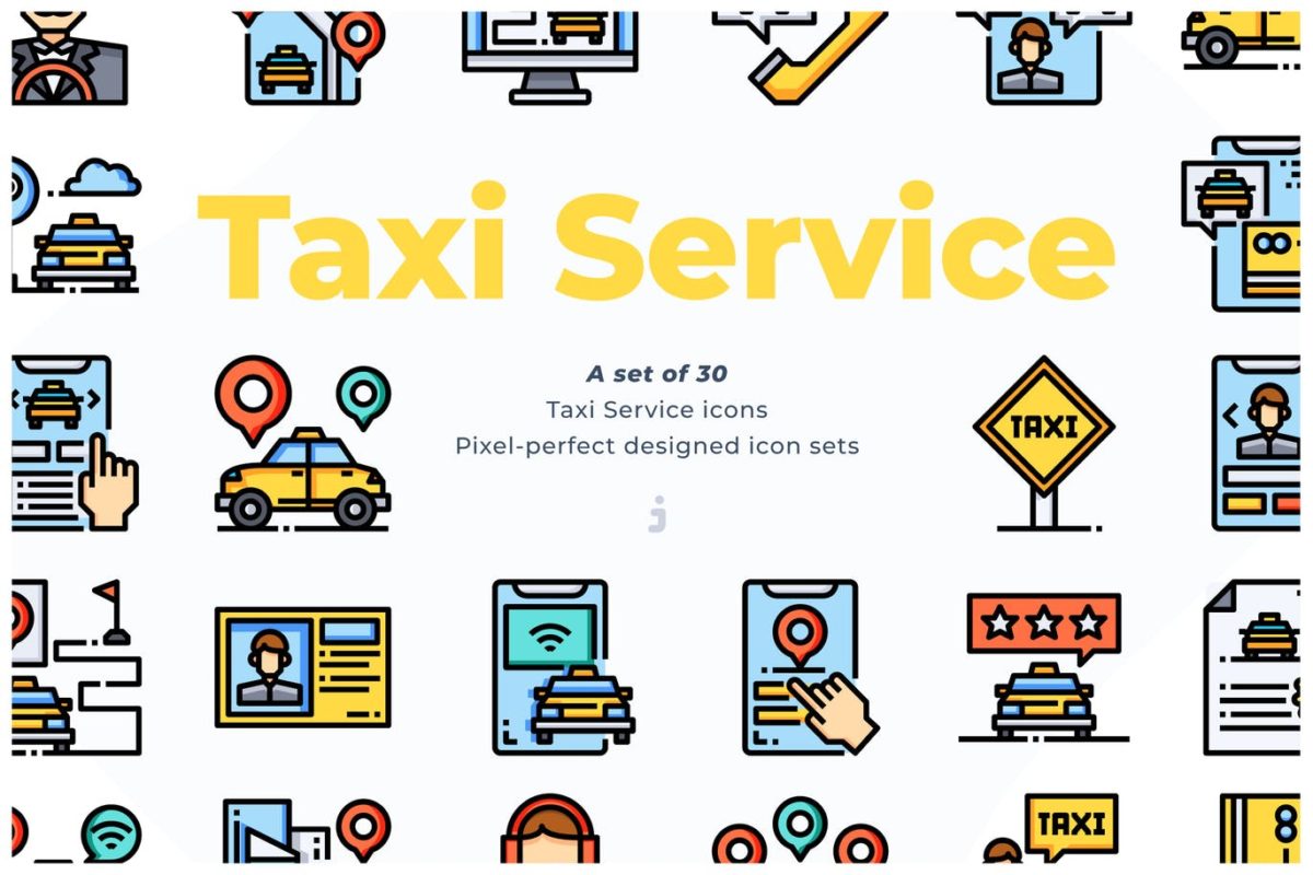 ICONS | 30个时尚年轻有活力矢量出租车app服务图标AI,EPS,PNG,SVG