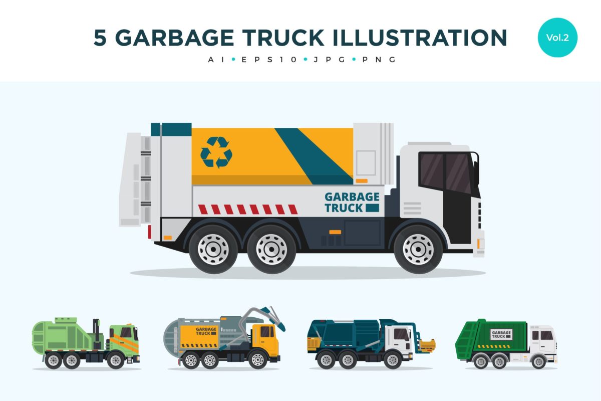 5种不同的分类垃圾处理回收车辆插画下载[Ai,EPS]
