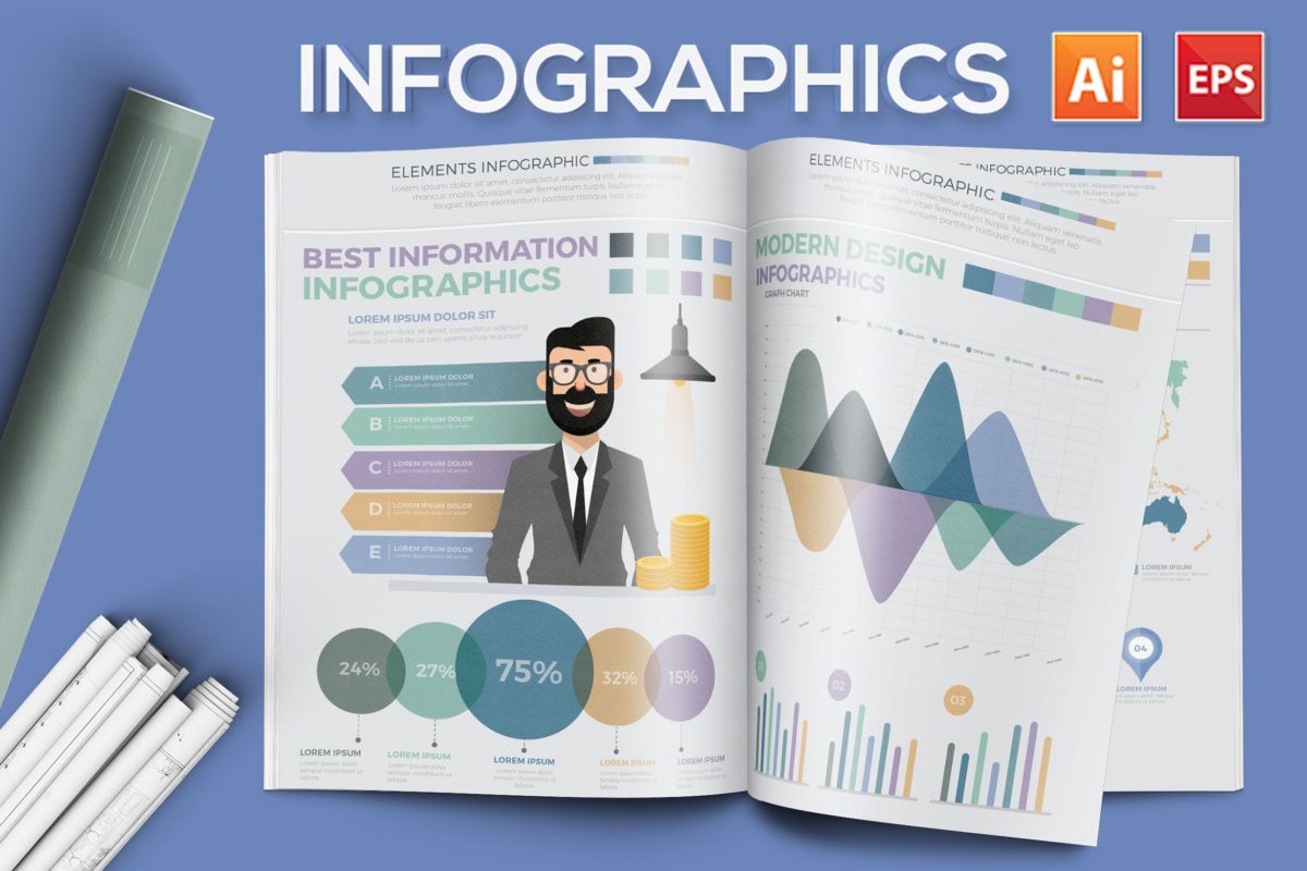 大数据和数据可视化多图表信息矢量图形企业宣传册素材模板下载[Ai]
